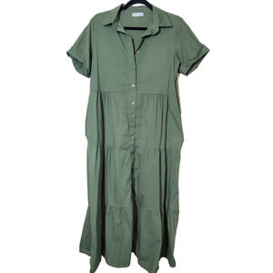 BLUE NAVY Brand Womens Small Maxi Shirt Dress Tiered Green Made In Italy Cotton